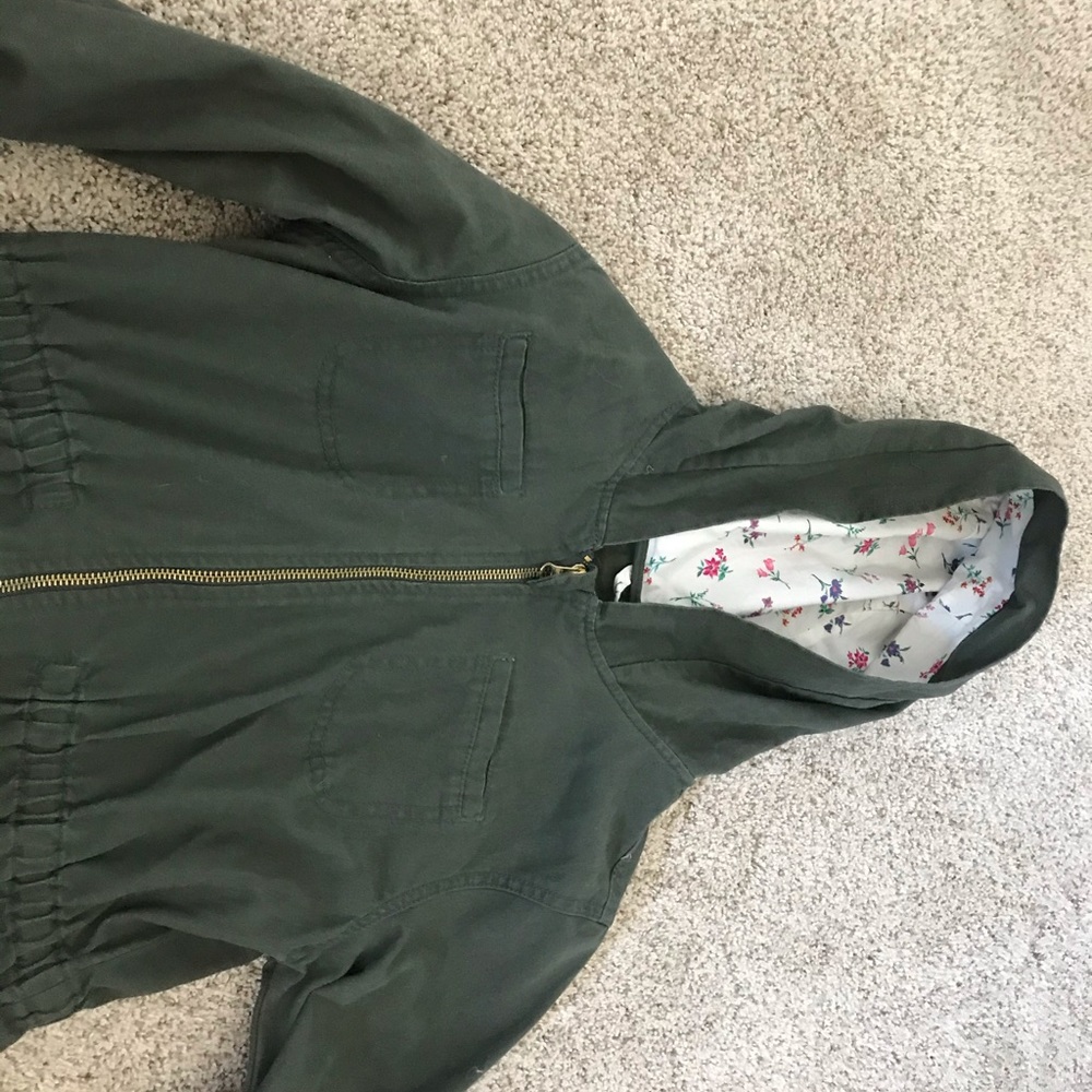 Old Navy, cargo green jacket, with flowers in hood